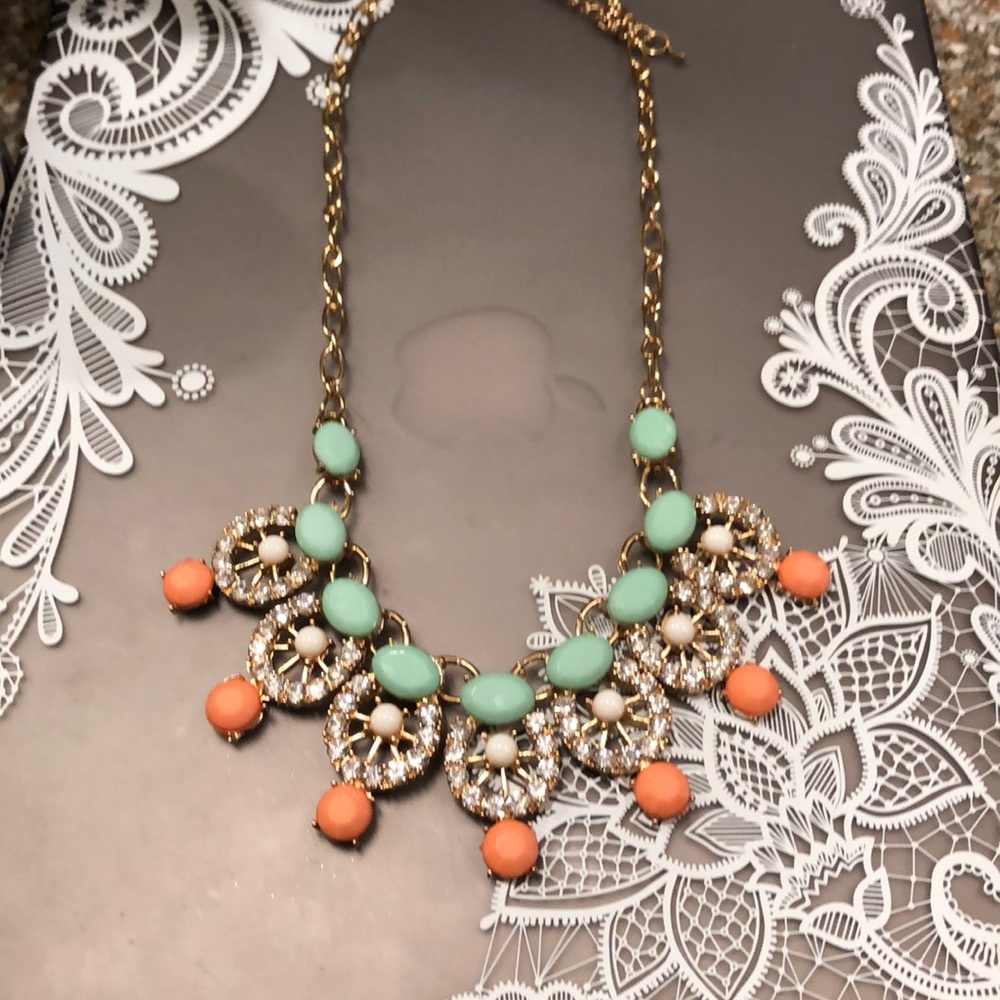Rhinestone, coral, soft green necklace